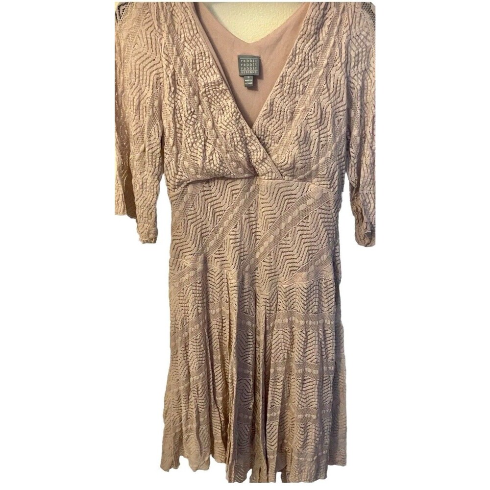 Womens Sz 16 Soft PINK Fit & Flare Lacey V Neck Dress MIDI half sleeve